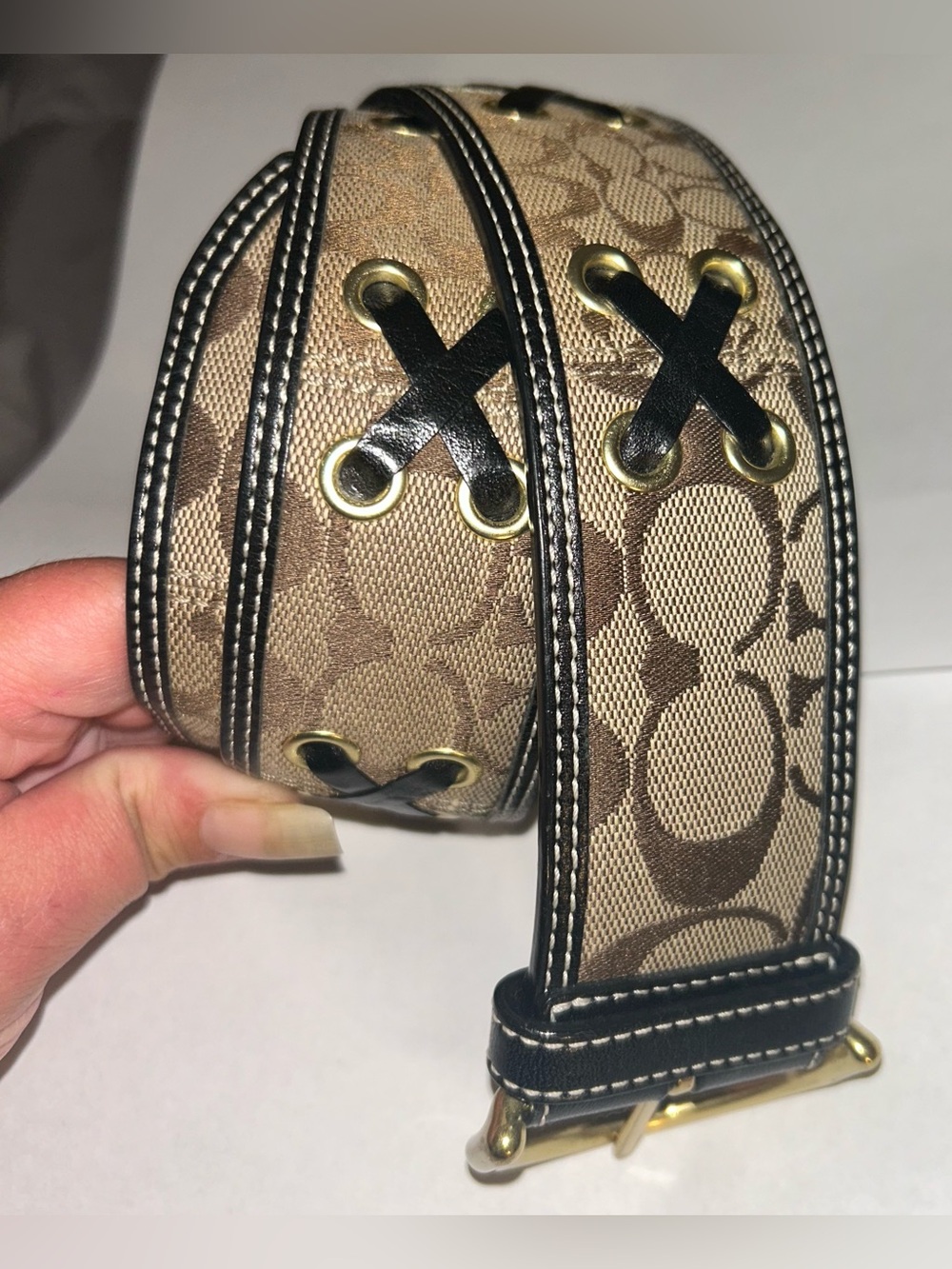 Vintage Y2K Coach Monogram Jacquard and Leather Small Chunky Belt - Picture 2 of 16